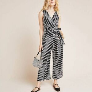 Anthropologie Eva Franco Masha Polka Dot Knit Jumpsuit Black White Sz SP PETITE